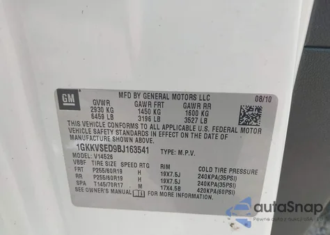 2011 GMC Acadia Slt-2 из США, поврежденный, VIN 1GKKVSED9BJ163541